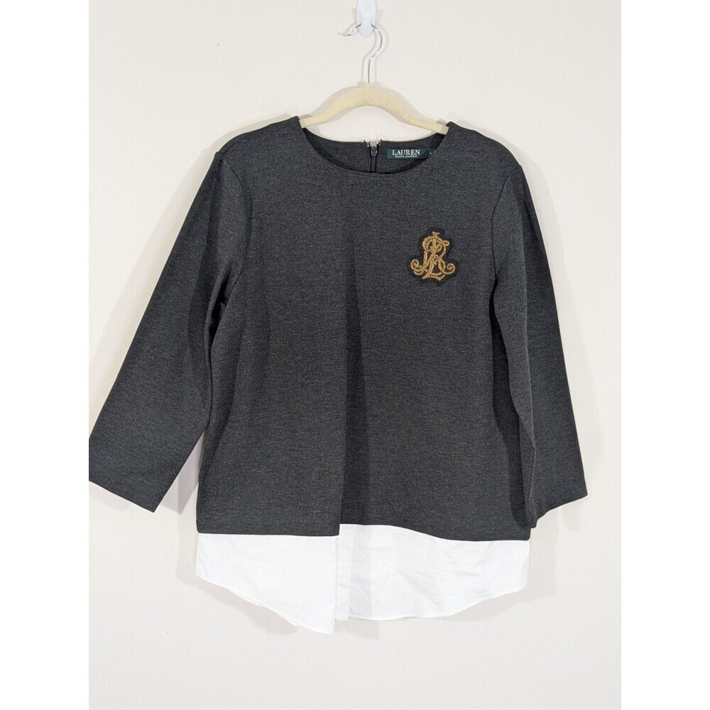 Lauren Ralph Lauren Tunic Knit Top With Shirttail Women's Crested Gray/White L